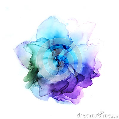 Delicate hand drawn watercolor flower in blue and violet tones. Alcohol ink art. Raster illustration. Cartoon Illustration