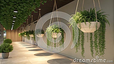 Delicate hanging planters dangle from the ceiling their trailing foliage adding layers of texture overhead. The overall Stock Photo