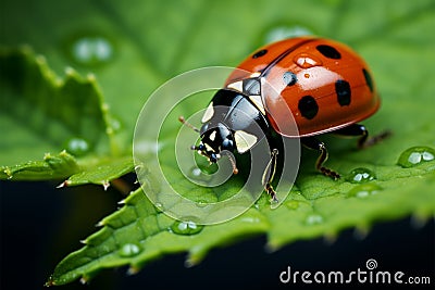 Delicate Intricacy Macro photo showcases a ladybug on green foliage Stock Photo