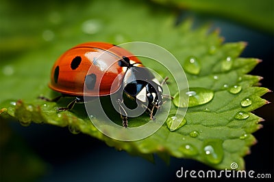 Delicate Intricacy Macro photo showcases a ladybug on green foliage Stock Photo