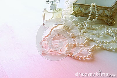delicate lace fabric, perfume Stock Photo