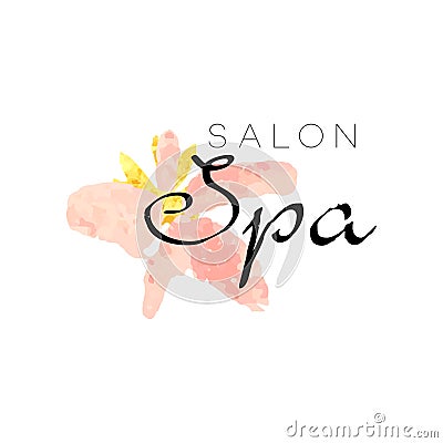 Delicate logo design for spa with abstract pink flower. Textured feminine label with gentle colors. Healthcare and Vector Illustration