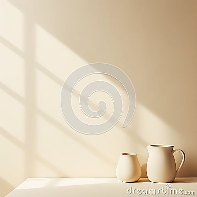 Delicate Minimalist Cream Tabletop: Terracotta Jugs In Golden Light Stock Photo