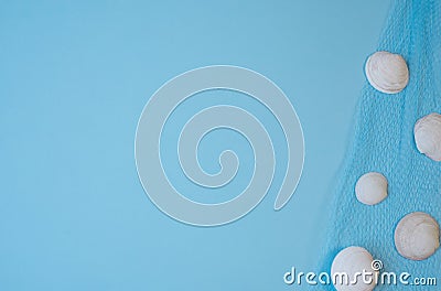 Delicate nautical border with fishing blue net, seashells on blue paper background Stock Photo