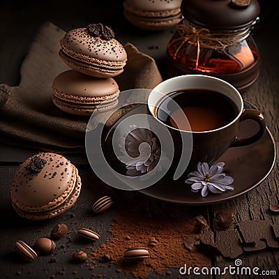 Delicate pastries in form of crispy delicate macaron with cocoa and coffee Stock Photo