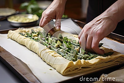 delicate pastry crust filled with asparagus, cheese and herbs Stock Photo