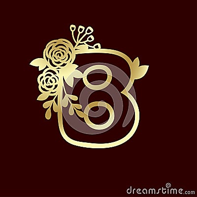 Delicate pattern for cutting letter B with tender wildflowers. Golden die cutting for scrapbooking. Vector Illustration