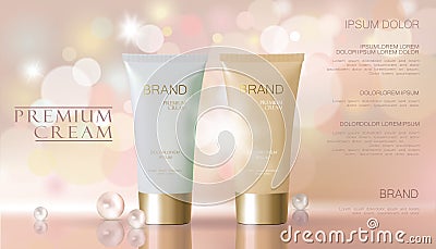 Delicate pearl pink cosmetic ad. Beige white face cream mask tube reflection package mockup blurred defocused shiny Vector Illustration