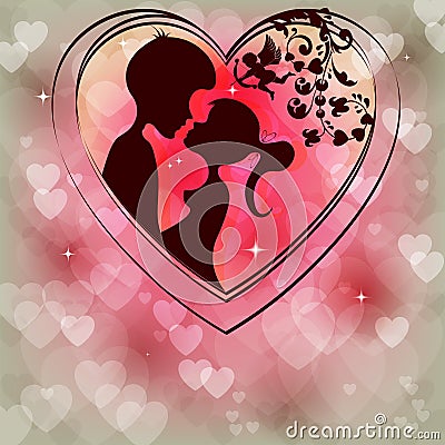 Delicate pink background with silhouettes of two lovers Vector Illustration