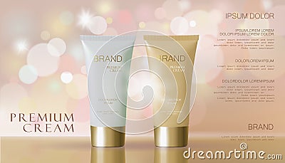 Delicate pink cosmetic ad. Beige white face cream mask tube reflection package mockup blurred defocused shiny background Vector Illustration