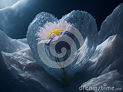 A delicate pink flower in the middle of an icy heart. The concept of overcoming coldness in relationships. Generation AI Stock Photo