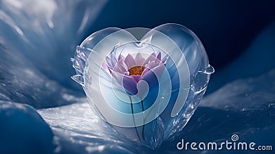 A delicate pink flower in the middle of an icy heart. The concept of overcoming coldness in relationships. Generation AI Stock Photo