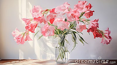 Delicate Pink Flowers In Vase: Hyper-realistic Portraits And Watercolor Paintings Stock Photo