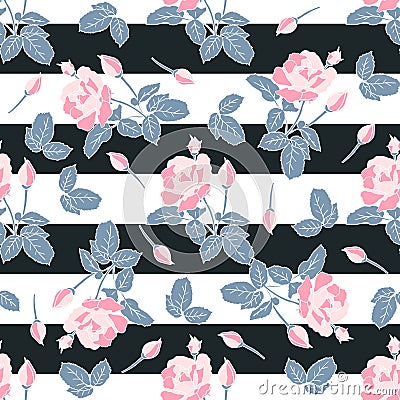 Delicate pink roses with black stripes seamless pattern. Hand drawn flat silhouettes with white outline. Retro floral Vector Illustration