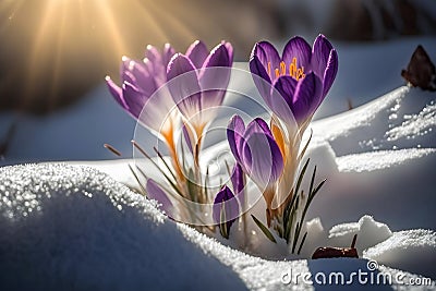 delicate purple crocuses bloom in the snow, the first spring flowers, Generative AI Stock Photo