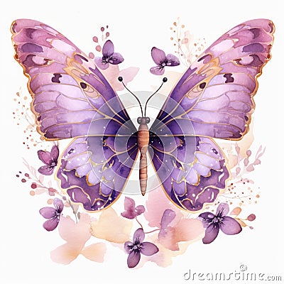 Delicate purple watercolor butterfly with golden veins and pink flowers Stock Photo