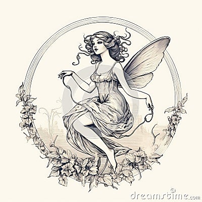 Delicate Realism Hand-drawn Fabled Female Fairy In Art Nouveau Style Stock Photo