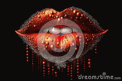 delicate red female lips lipstick with pearls on black background Stock Photo