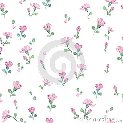 Delicate romantic pattern with little pink flowers and buds on a white background. Seamless vector with floral elements Vector Illustration