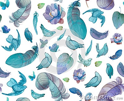 Delicate romantic seamless pattern of blue watercolor elements: birds, feathers, flowers on a white background. Hand drawn for Stock Photo