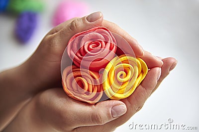 Delicate roses made of super light airy colored plasticine in the hands of a woman Stock Photo