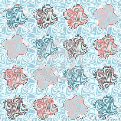 Delicate seamless abstract floral pattern created of layered striped geometric flowers in pink, maroon, white and blue. Vector Illustration