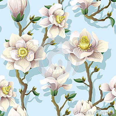 Delicate seamless pattern with magnolia flowers on a blue background. Vector illustration. Vector Illustration