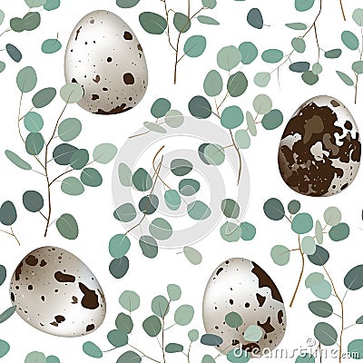 Delicate seamless background with quail eggs and eucalyptus branches. Easter pattern, vector illustration Vector Illustration