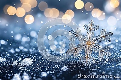 A delicate snowflake resting on a sparkling surface, surrounded by soft, illuminated bokeh, capturing the essence of winter beauty Stock Photo