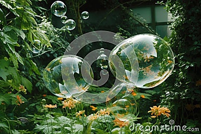 delicate soap bubbles floating over a verdant garden Stock Photo