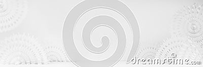 Delicate soft light white abstract banner - scene for showing produce or goods with round carved paper fans on table in modern. Stock Photo