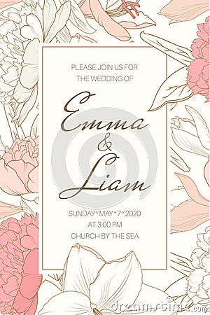 Delicate tender floral frame from pink rose peony white lily flowers. Beautiful wedding invitation card template. Vector Illustration