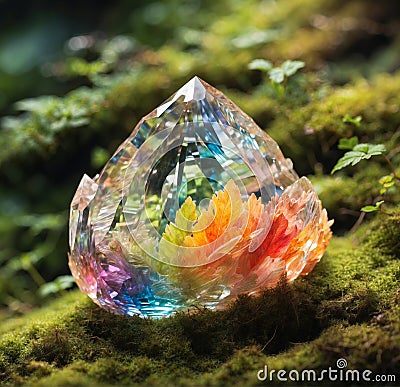 A delicate, translucent crystal, reflecting the light in a rainbow of colors, nestled in a bed of lush green moss. Stock Photo