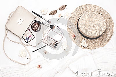 Delicate trendy background with accessories and cosmetics. Stock Photo