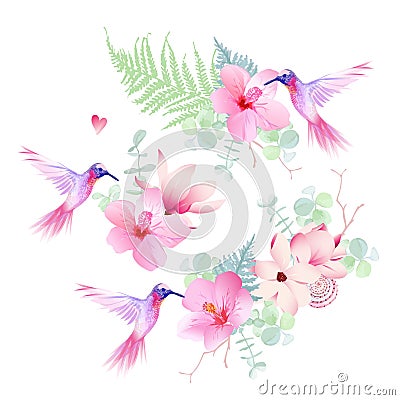 Delicate tropical flowers with flying hummingbirds vector design Vector Illustration