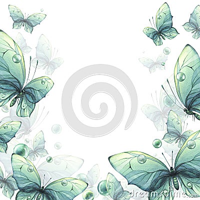 Delicate turquoise and blue butterflies with bubbles are airy, light, beautiful. Hand drawn watercolor illustration Cartoon Illustration