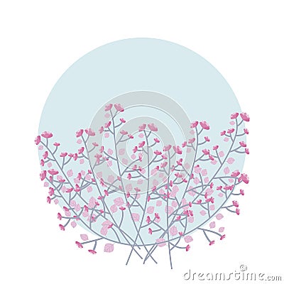 Delicate twigs with pink flowers on a blue circle and white back Vector Illustration