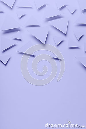 Delicate very peri light purple triangles soar as abstract random pattern with soft light shadows, border, copy space, vertical. Stock Photo