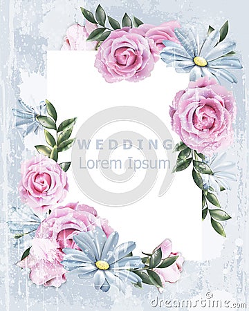 Delicate Vintage frame with rose flowers Vector. Wedding Invitation floral decor. Old Grunge effect. 3d illustrations Cartoon Illustration