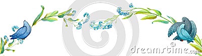 Delicate watercolor border of blue little flowers and a pair of pigeons, blue birds Stock Photo