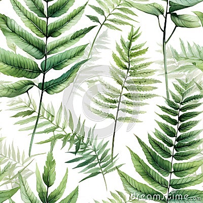 Delicate Watercolor Ferns Seamless Pattern AI Generated Cartoon Illustration