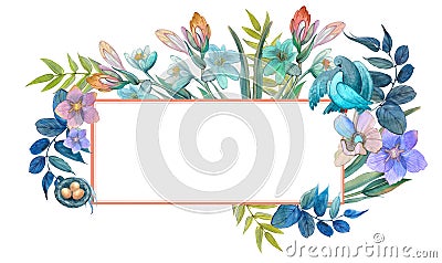 Delicate watercolor frame of blue, pink flowers, twigs, leaves, magnolia branches, a pair of doves, a nest. Wedding background, sp Stock Photo