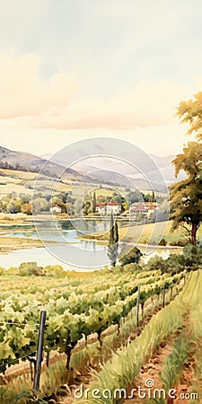Delicate Watercolor Landscape: Vineyard And Lake Stock Photo