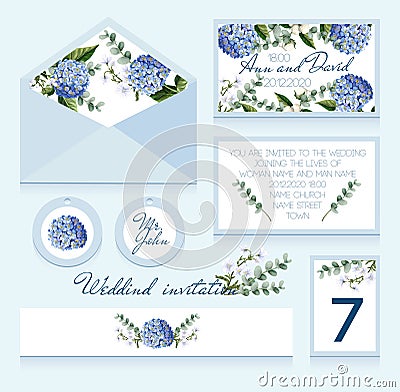 Delicate wedding invitation in blue color with hydrangeas, cotton flowers and eucalyptus branches. Vector illustration. Vector Illustration