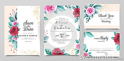 Delicate wedding invitation card template set with watercolor floral and glitter decoration. Roses and leaves botanic illustration Vector Illustration