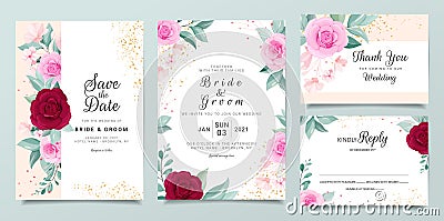 Delicate wedding invitation card template set with watercolor floral and glitter decoration. Roses and leaves botanic illustration Vector Illustration