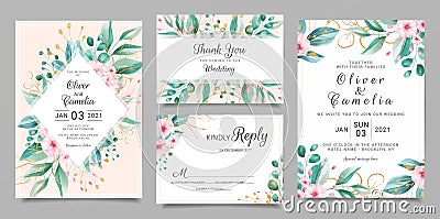 Delicate wedding invitation card template set with watercolor floral and gold glitter decoration. Flowers and leaves botanic Vector Illustration