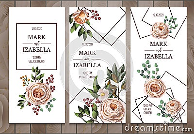 Delicate wedding invitation with English roses, eucalyptus, flowers and frames in watercolor style. Vector. Vector Illustration