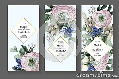 Delicate wedding invitation with ranunculus, eucalyptus and wild flowers . Vector. Vector Illustration