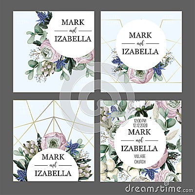 Delicate wedding invitation with ranunculus, eucalyptus and wild flowers . Vector. Vector Illustration